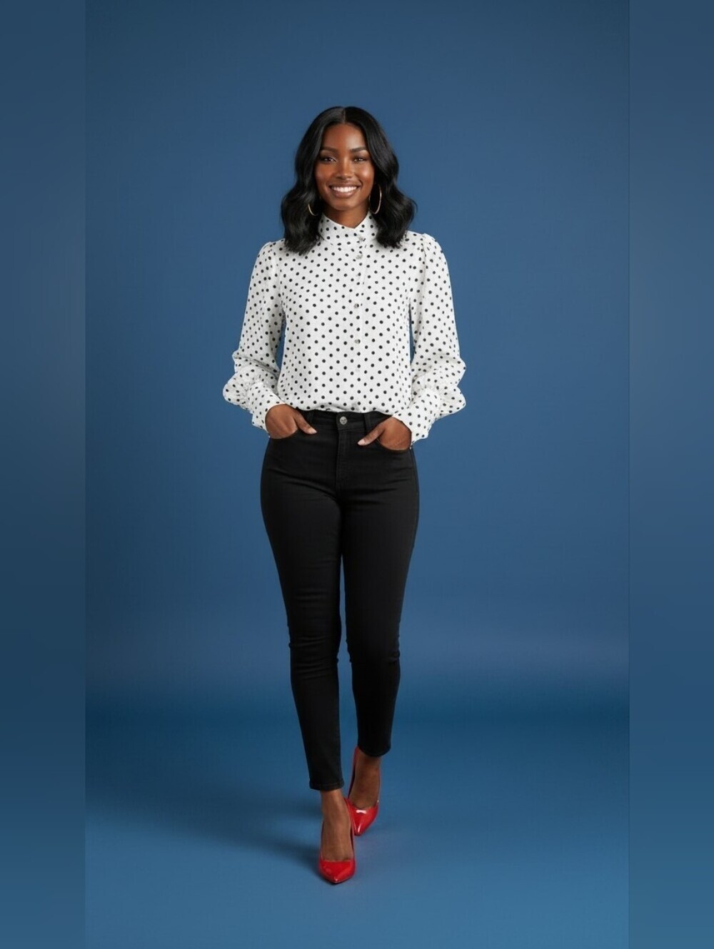 SHEIN CURVE Polka Dot Pearl Button Mock Neck Blouse 1XL White Black